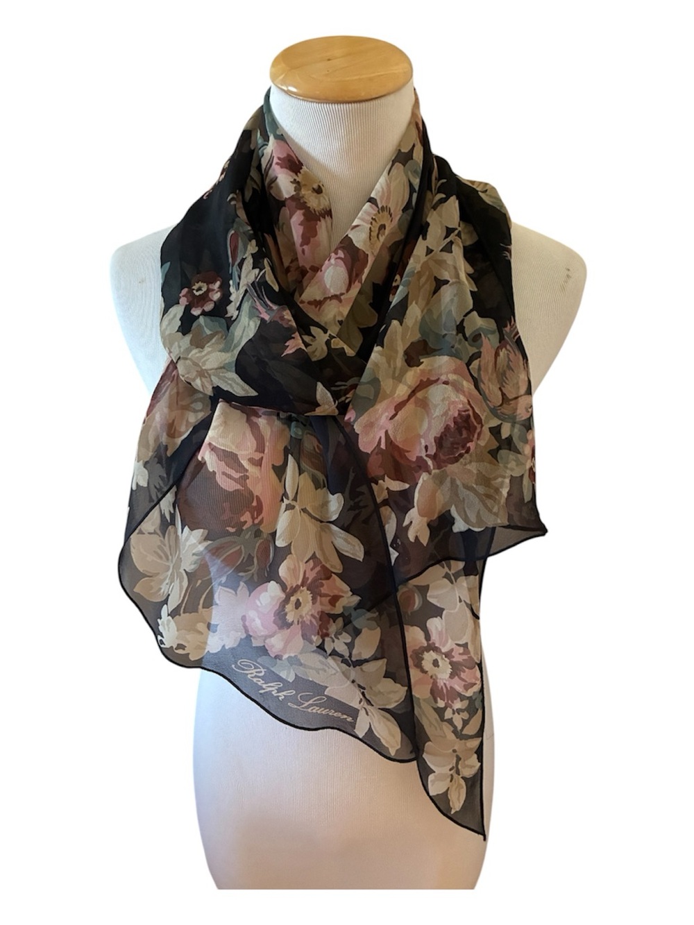 Vintage Ralph Lauren Silk Chiffon Black Pink Floral Romantic Silk Scarf 13x68
